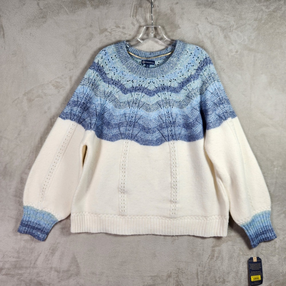 Democracy Sweater‎ Womens 1X Blue White Fair Isle Pointelle Knit Comfy Gorpcore